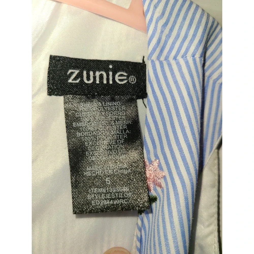 Zunie Sleeveless Floral Embroidered Petticoat Blue Stripe Pinstripe‎ Dress Sz 5